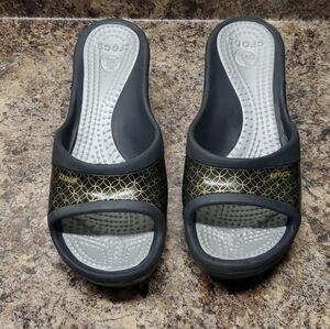 CROCS Women's Black and Gold Patterned Wedge Sandals Size 10